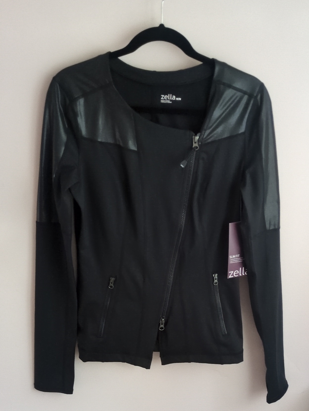 Zella Black Asymmetrical Zip Faux-Leather Accent Jacket